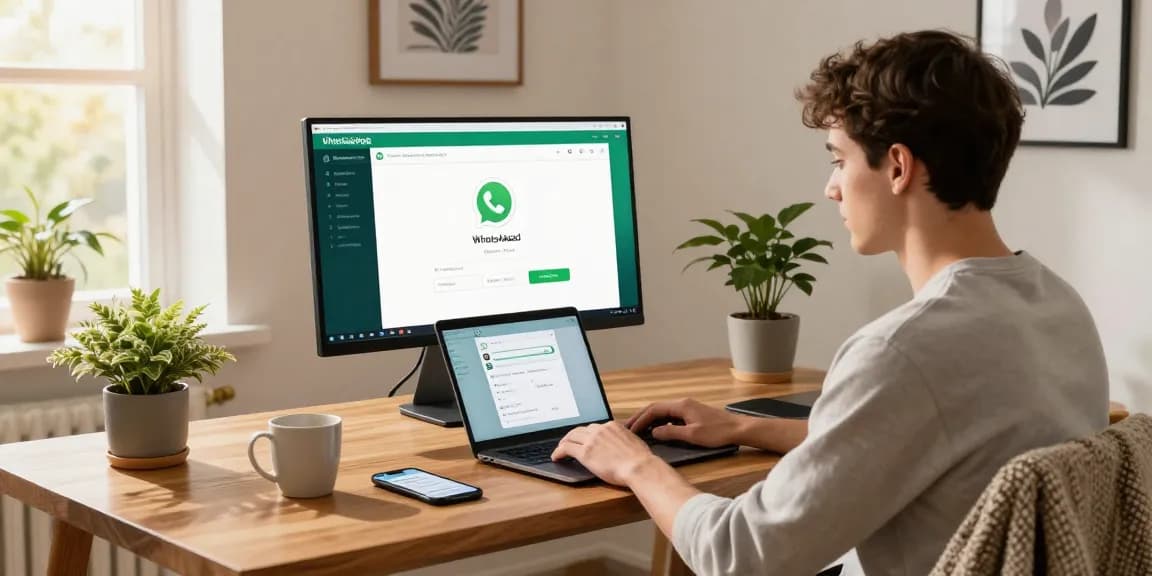 Using WhatsApp網頁版 on a laptop in a stylish home office setup with a cozy atmosphere
