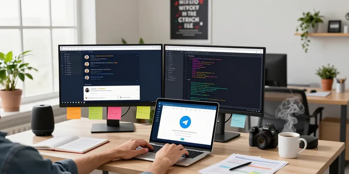 Professional workspace with dual monitors showing Telegram web version chats and coding, creating a collaborative environment.