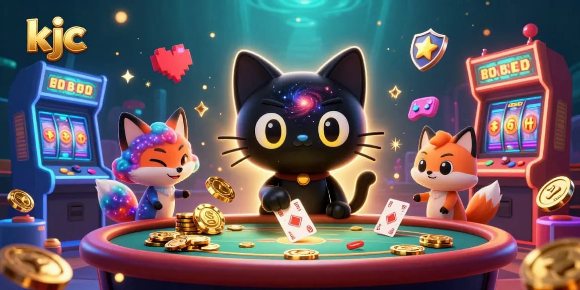 KJC's cosmic casino scene, featuring a black hole cat and colorful fox engaging with vibrant gaming elements.