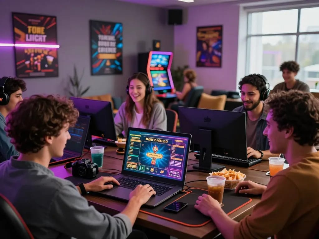 Friends enjoying online gaming experiences at a digital casino MM88 with vibrant atmosphere and interactive elements.