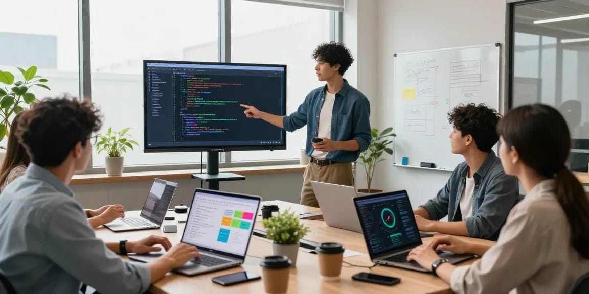 A diverse team collaborating in a modern office workspace, emphasizing the WPS Official Website's innovative approach to software development.