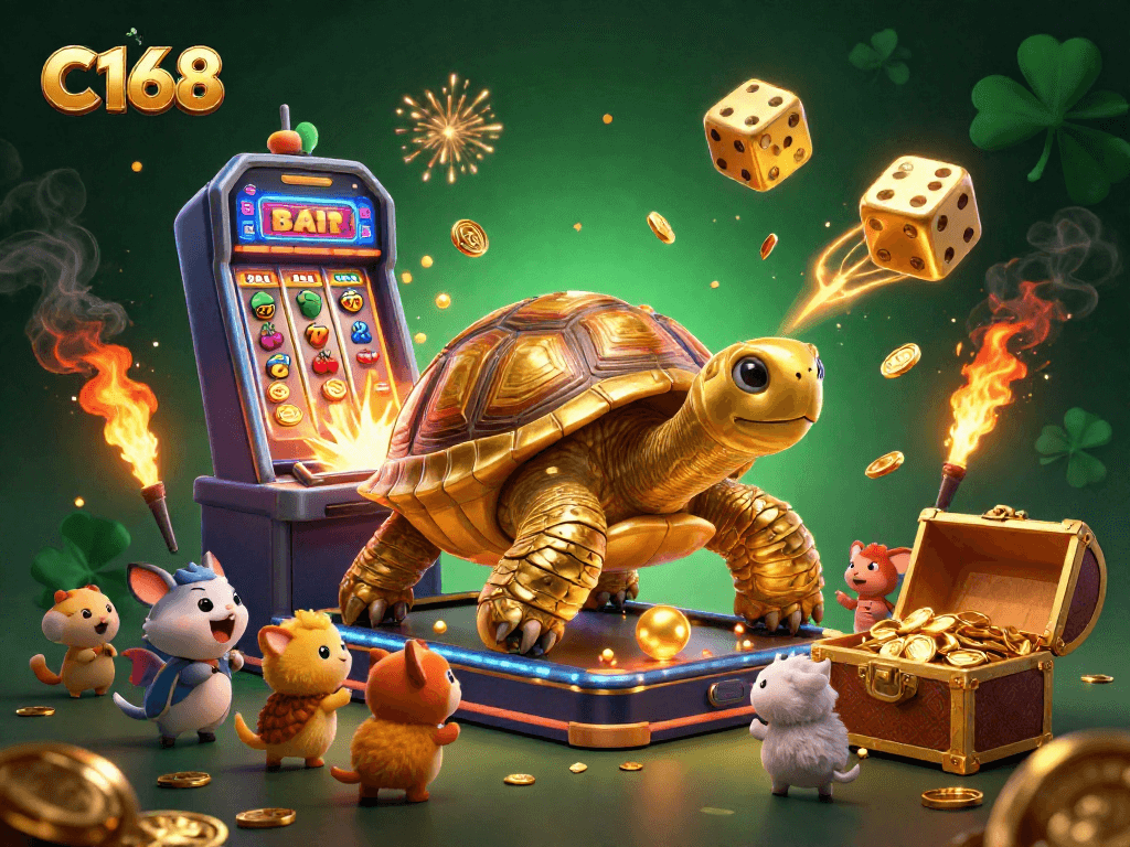 C168 gamblers playing exciting slot machines surrounded by vibrant casino elements and golden treasures.