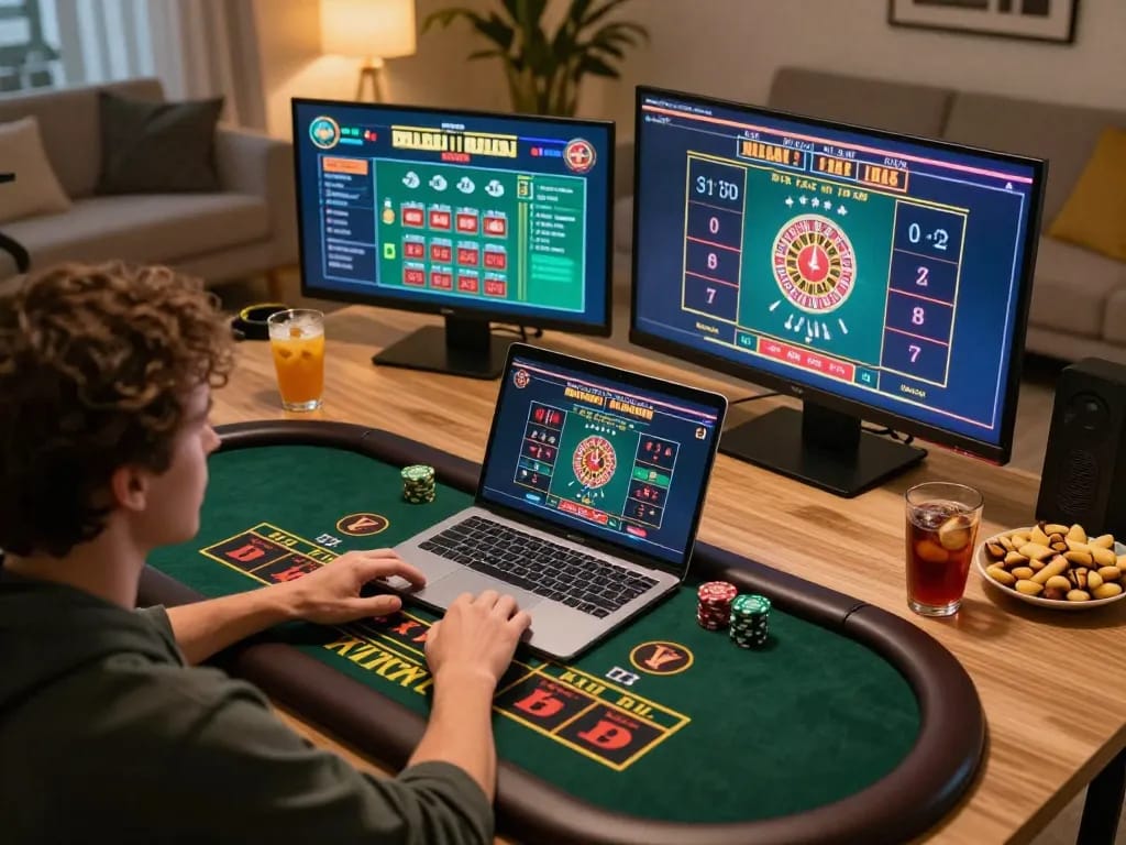 Engaging in a thrilling live dealer game at trang chủ F168, showcasing an inviting online gaming setup.