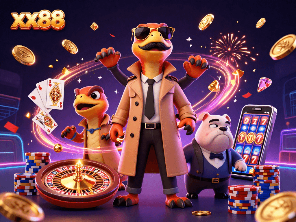 Experience thrilling gameplay at xx88 casino with raptors in trench coats entering a VIP lounge.