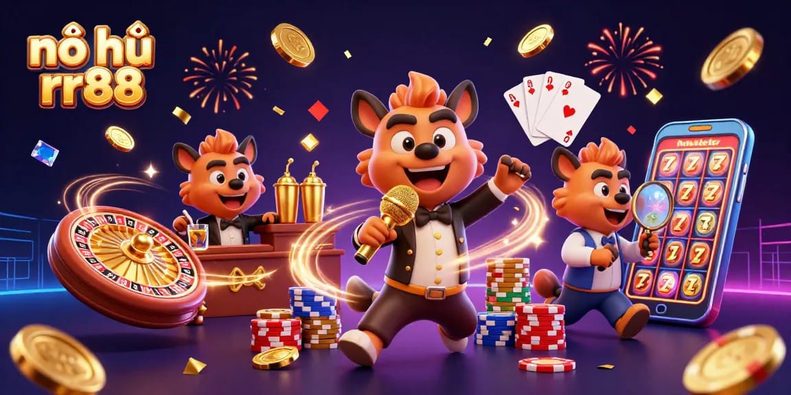 Spin and win at nổ hũ rr88 with vibrant cartoon hyenas in a colorful casino setting