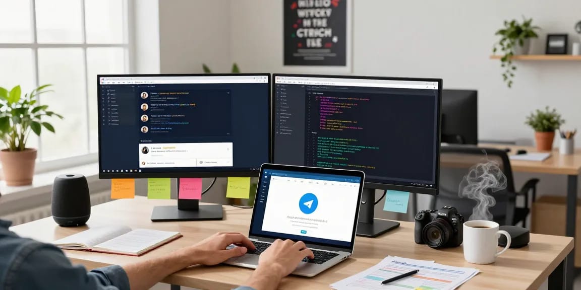 Professional workspace with dual monitors showing Telegram web version chats and coding, creating a collaborative environment.