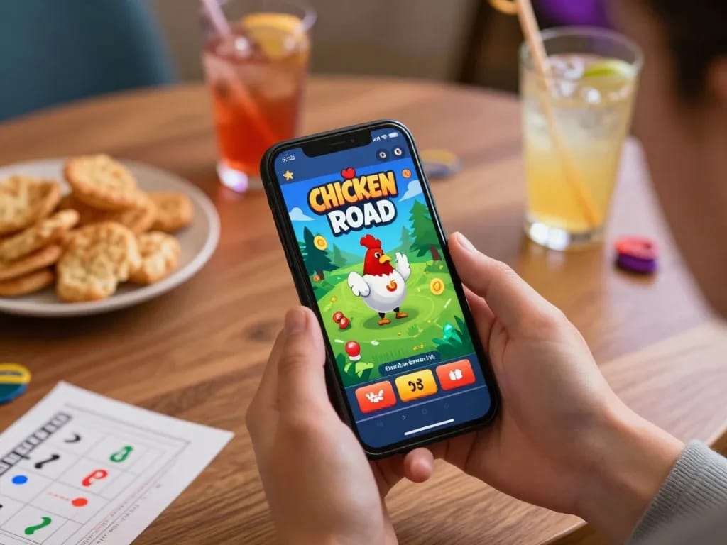 Divertirsi con le recensioni di Chicken Road con amici mentre si gioca su un'app di casinò mobile, illustrando l'eccitazione nel gaming.