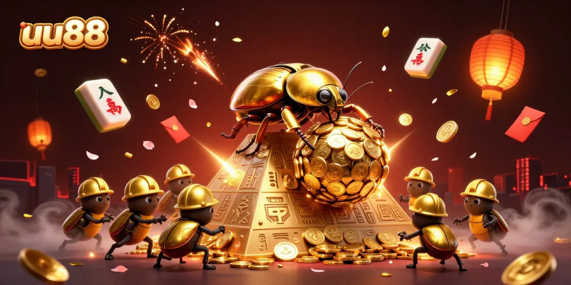 Experience thrilling gaming with uu88, featuring a golden beetle and casino symbols in a vibrant scene.