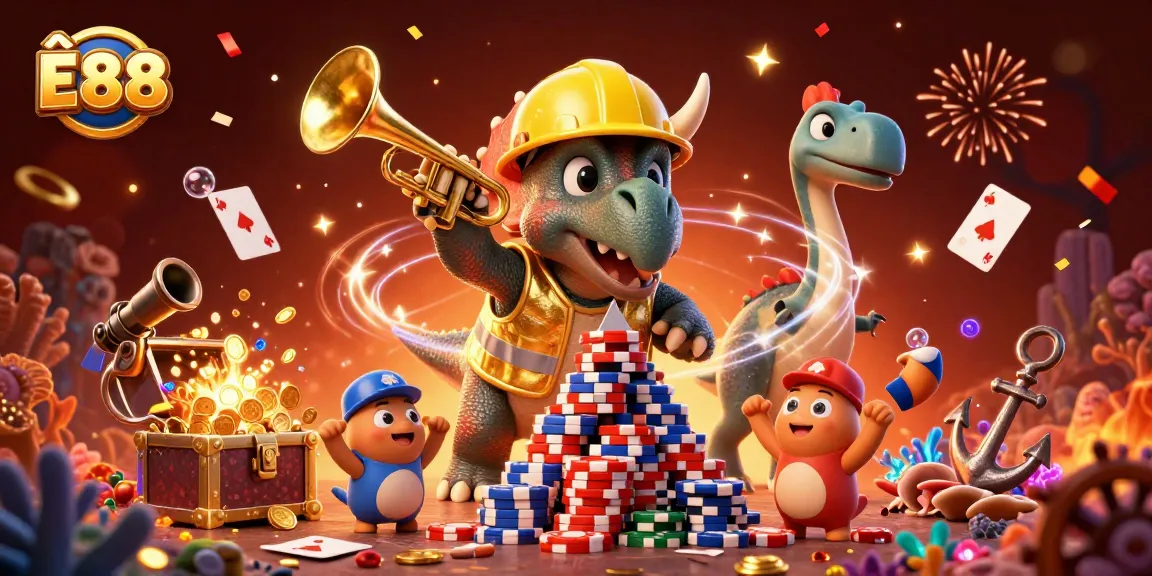 Players enjoy exciting gambling adventures at Ê88 with a colorful celebration of poker and treasures.