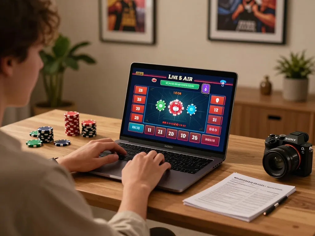 Player enjoying online casino games at home using f168, showcasing a stylish gaming setup with cozy ambiance.