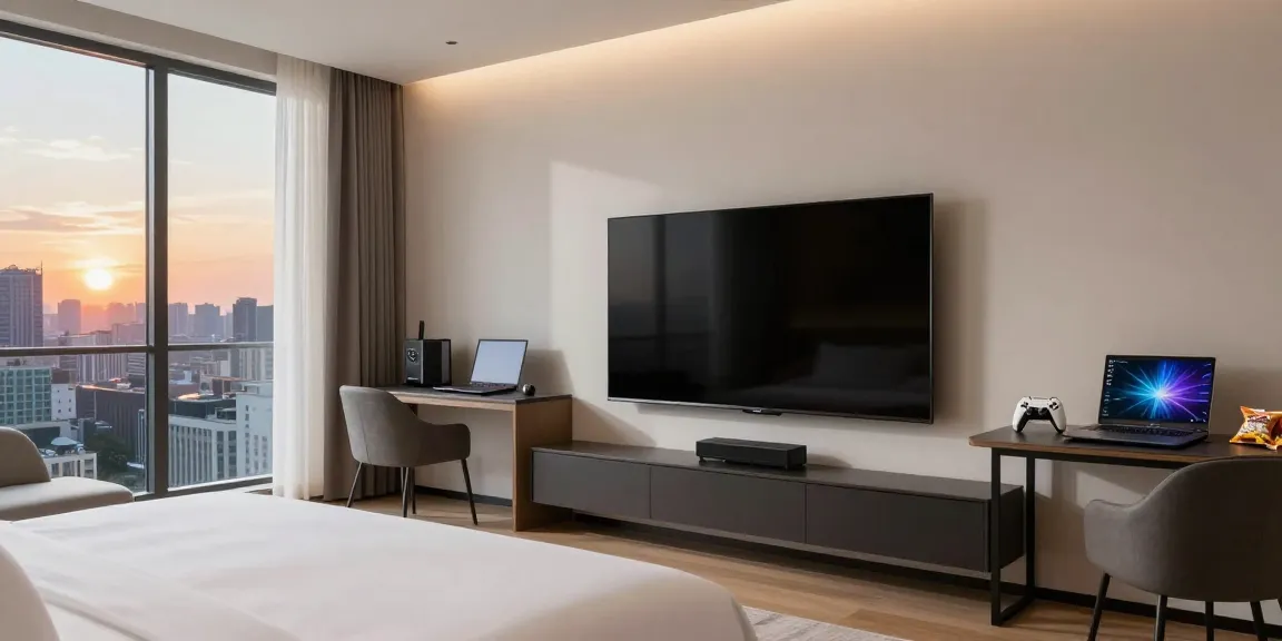 Cozy ROKOK88 hotel room showcasing a gaming setup, perfect for enjoying rokok88 slot games during leisure time.