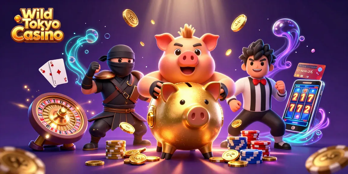 Gioca su Wild Tokyo Casino con un maiale sumo dorato e una scena ricca di elementi di gioco d'azzardo.
