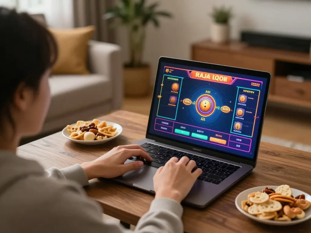Player engaging with Raja slot game on laptop, surrounded by a comfortable home atmosphere.