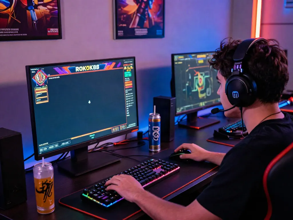 Player enjoying ROKOK88 alternatif slot game with immersive accessories and vibrant atmosphere.