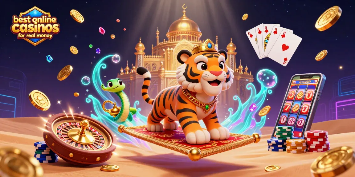Experience the excitement of the best online casinos for real money with a vibrant 3D illustration of a sultan and magical elements.
