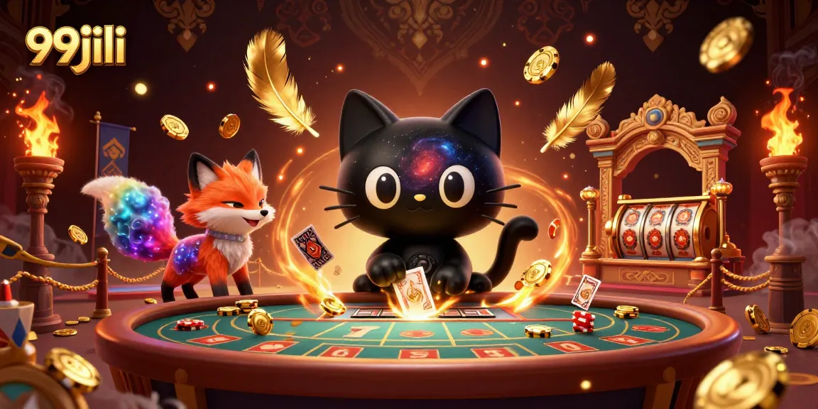99jili engages players at a cosmic casino table, drawing in golden chips and cards.