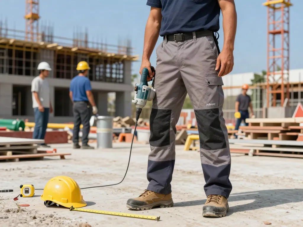 Pantaloni U-Power indossati da un lavoratore in cantiere durante l'uso di attrezzi, evidenziando durabilità e comfort.