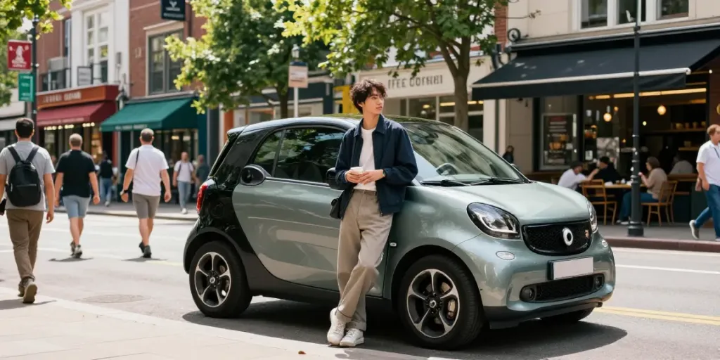 Noleggio lungo termine smart: auto Smart in una vivace scena urbana con persone e caffè.