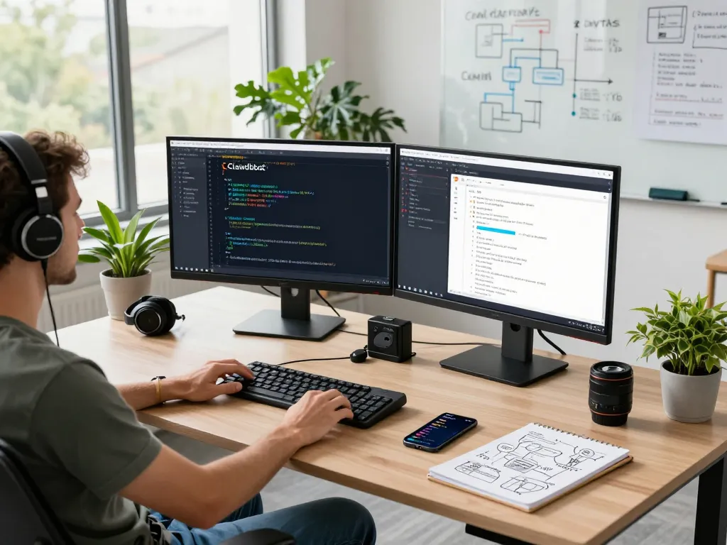 Developer using Clawdbot on dual monitors in a modern tech office