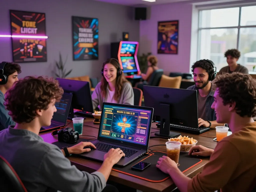Friends enjoying online gaming experiences at a digital casino MM88 with vibrant atmosphere and interactive elements.