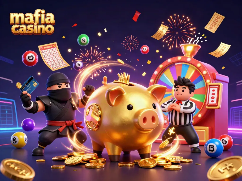 Mafia casino features an exciting showdown with a sumo wrestler and ninja in a vibrant casino world with falling coins.
