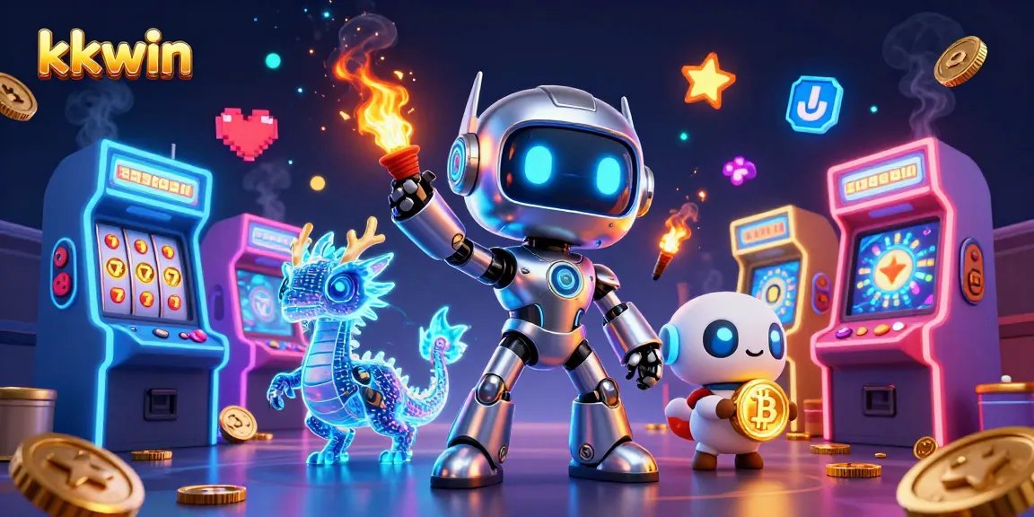 kkwin offers exhilarating slots with a futuristic twist, featuring a vibrant 3D scene full of gaming elements.