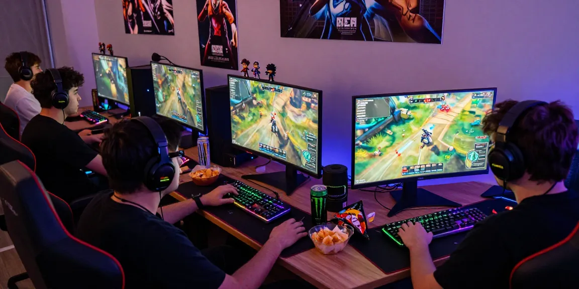 Friends enjoying rokok88 gaming session with vibrant gear and snacks.