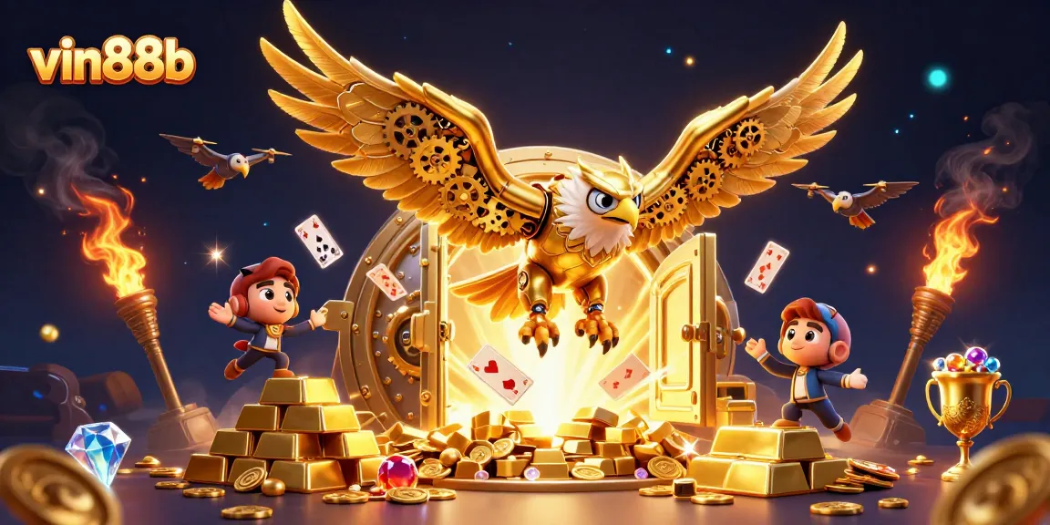 Experience thrilling gameplay at vin88b with a 3D golden eagle amidst a treasure-filled casino.