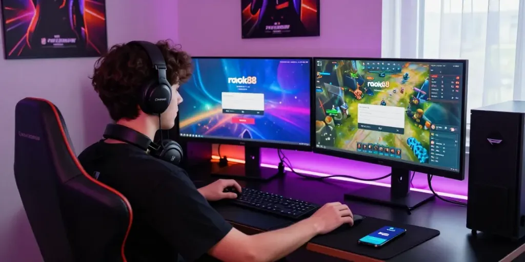 rokok88 login on a vibrant gaming setup with dual monitors and LED lights.