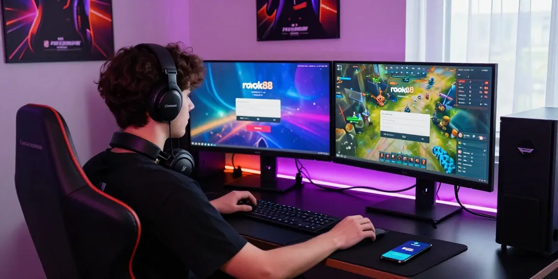 rokok88 login on a vibrant gaming setup with dual monitors and LED lights.