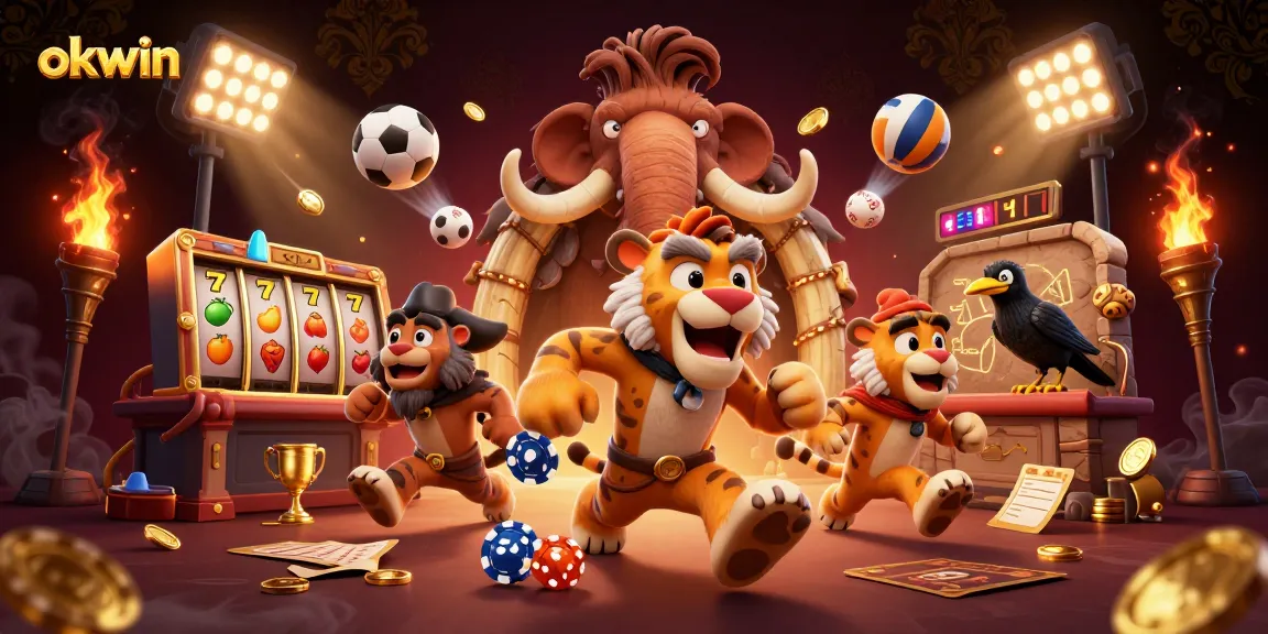 Bet on big wins at okwin with this vibrant casino scene featuring characters and games.