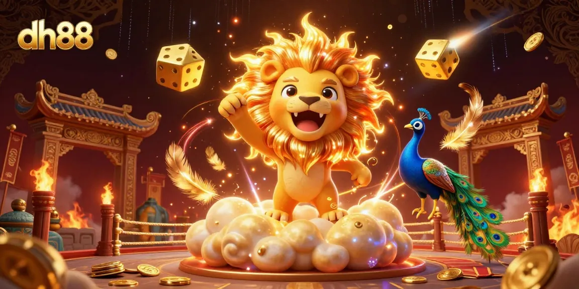 Experience the thrill of dh88 with a vibrant, energetic 3D casino scene featuring a roaring sun lion.