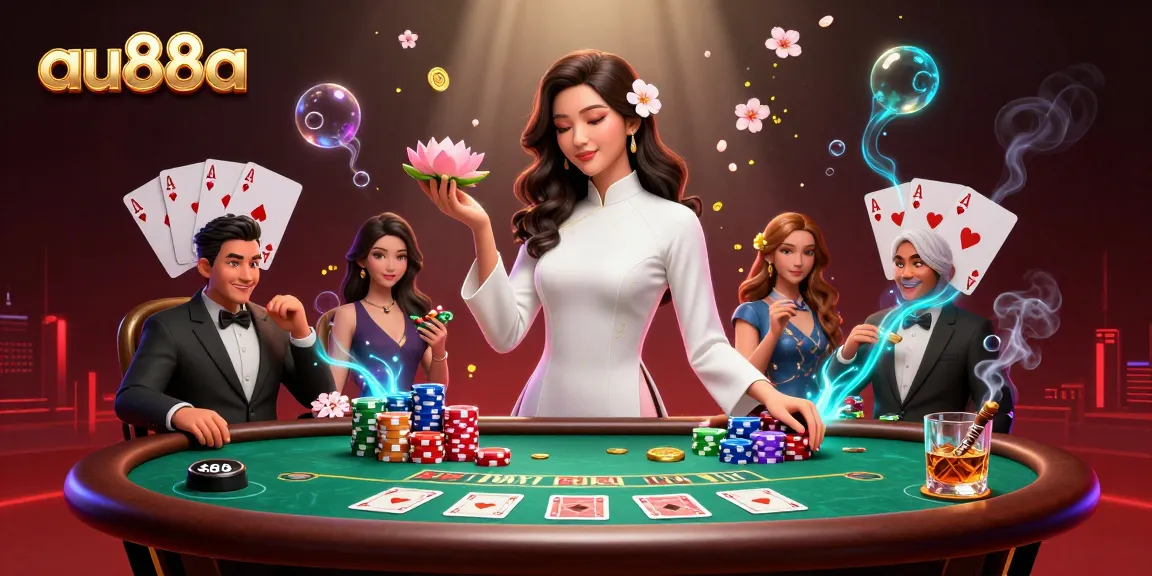 Experience top-tier poker action with au88a's elegant atmosphere of a female dealer surrounded by vibrant game elements.