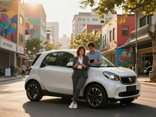 Noleggio lungo termine Smart in un'atmosfera urbana vibrante con una coppia di professionisti accanto all'auto.