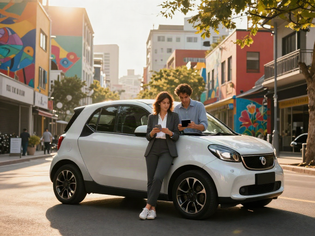 Noleggio lungo termine Smart in un'atmosfera urbana vibrante con una coppia di professionisti accanto all'auto.