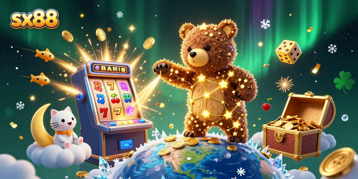 Scoop coins and win big at sx88 with vibrant 3D casino adventures, featuring a magical constellation bear.