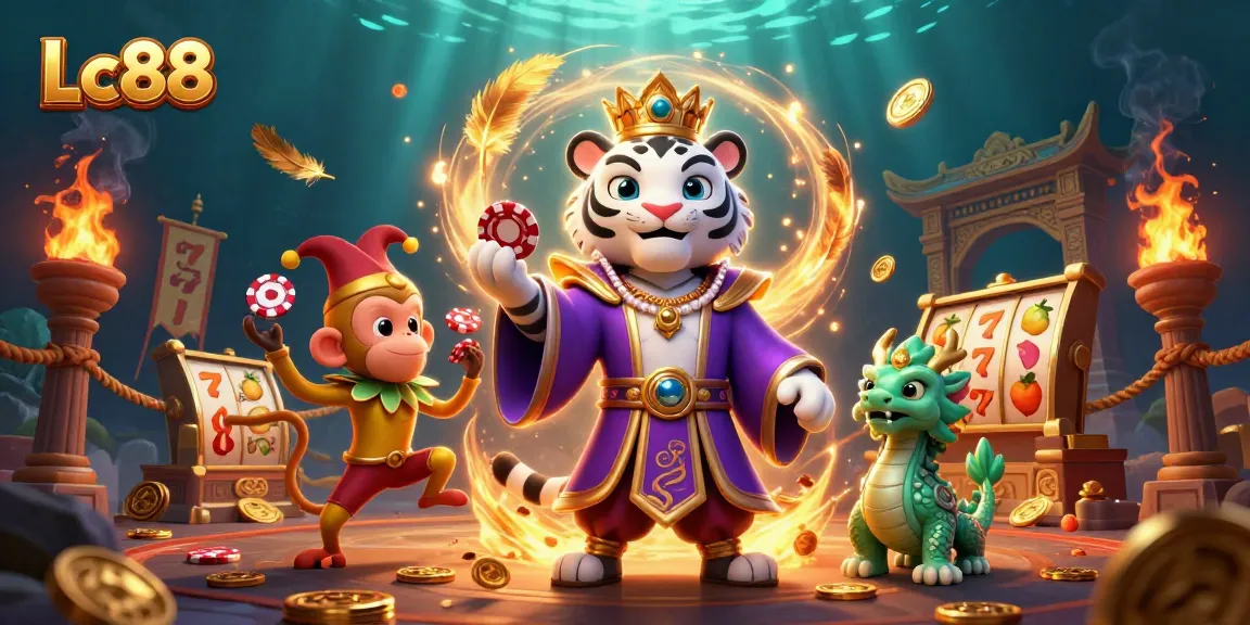Engage with Lc88's thrilling slot games amidst captivating characters and vibrant casino elements.