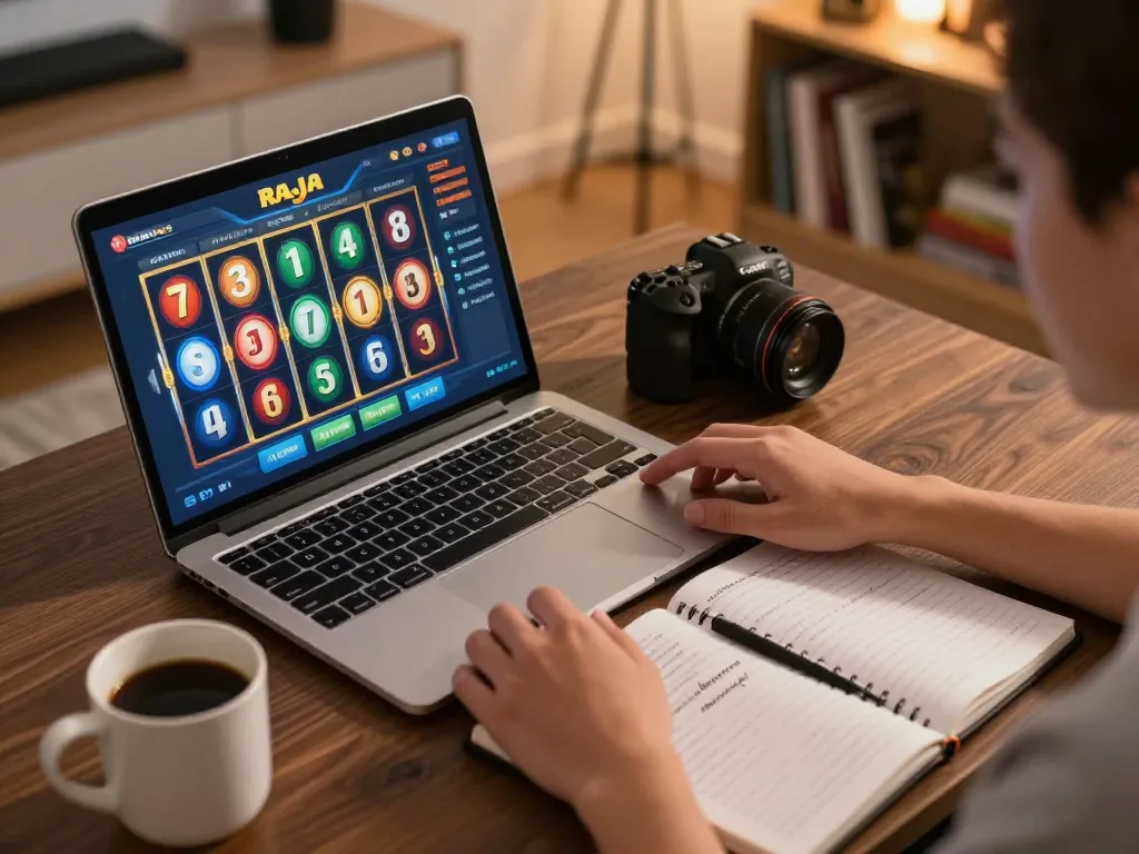 Pemain yang terlibat memutar gulungan raja slot di laptop di ruang tamu yang nyaman.