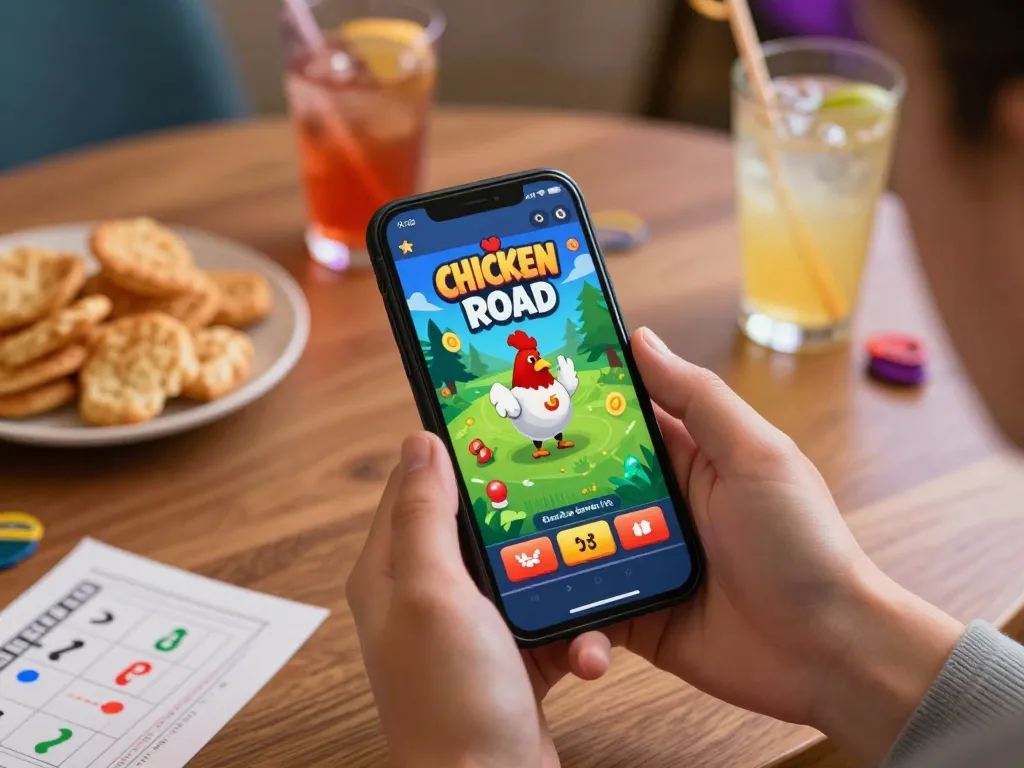 Divertirsi con le recensioni di Chicken Road con amici mentre si gioca su un'app di casinò mobile, illustrando l'eccitazione nel gaming.