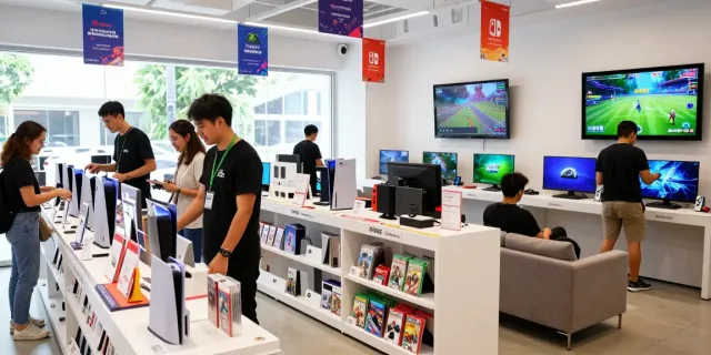 rokok88 gaming store with consoles and happy customers shopping