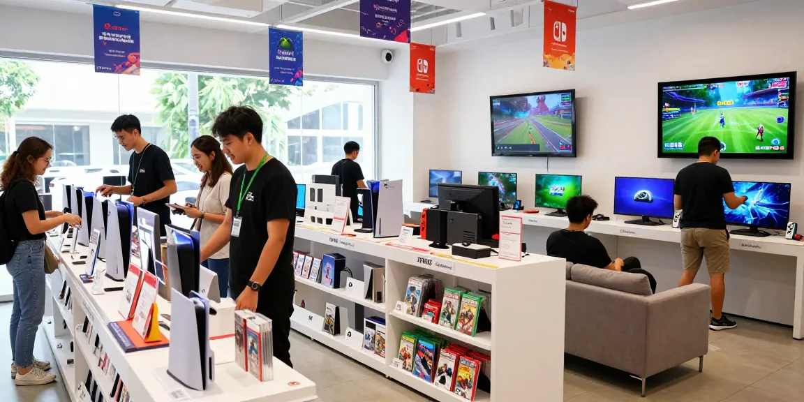 rokok88 gaming store with consoles and happy customers shopping