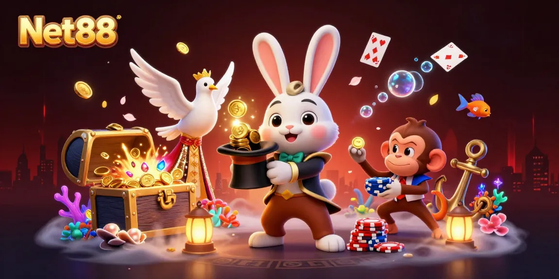 Experience the magic of Net88 with a 3D cartoon scene filled with whimsical characters and casino-themed elements.