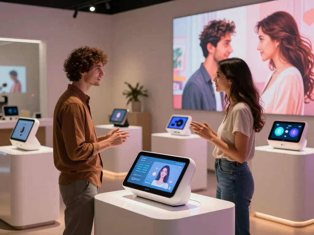 Couple engaging with AI sex technology in a modern showroom setting