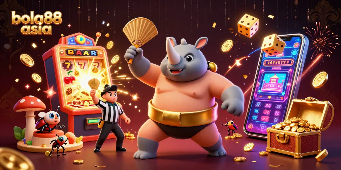 Experience the excitement of bola88 asia with a vibrant casino-themed 3D illustration of a beetle sumo champion.