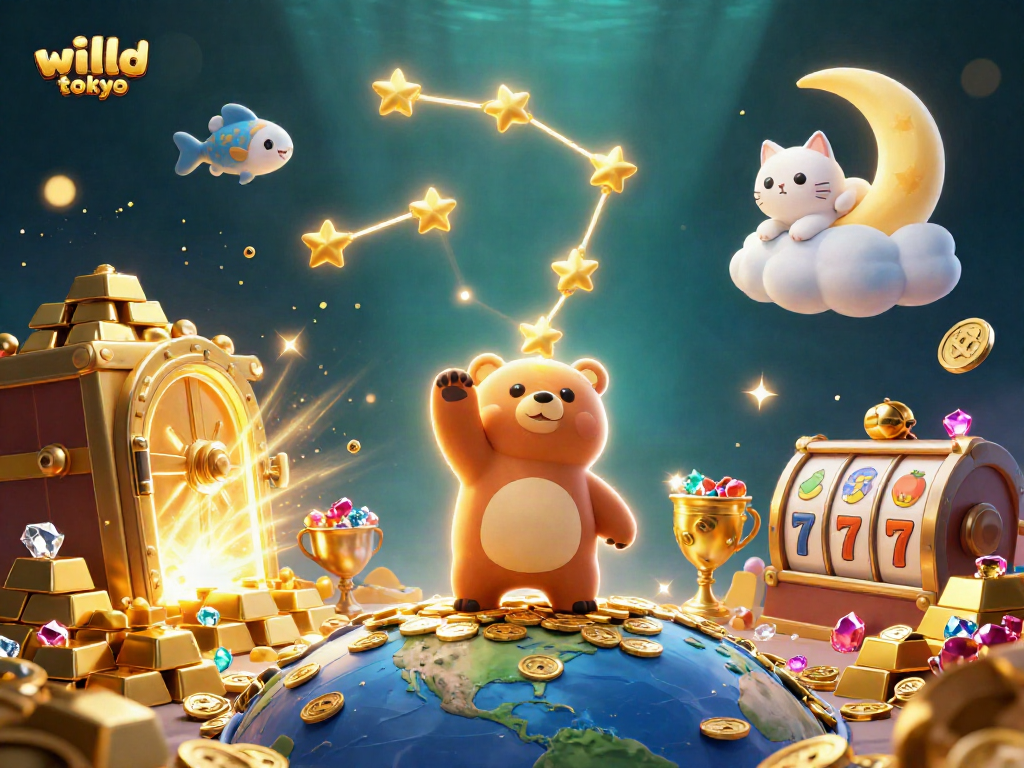 Engage in exciting gaming action with wild tokyo as stars and gold illuminate the scene.