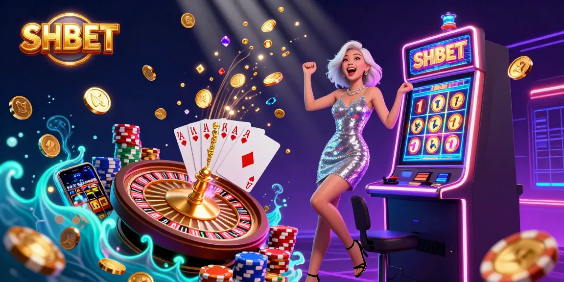 Experience exciting gameplay at SHBET Casino with golden coins, slot machines, and neon lights.