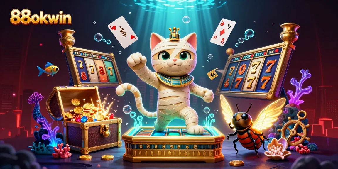 Spin and win with 88okwin as the Egyptian mummy cat emerges in a thrilling casino scene.