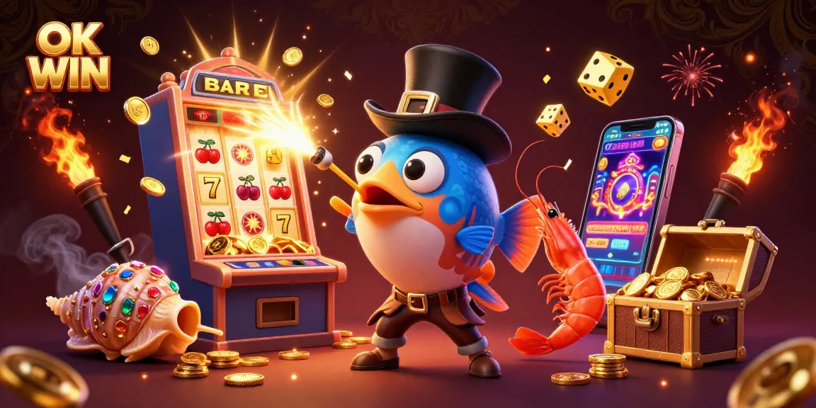 Play exciting games and win at OK WIN's vibrant casino, featuring lively characters and golden treasures.