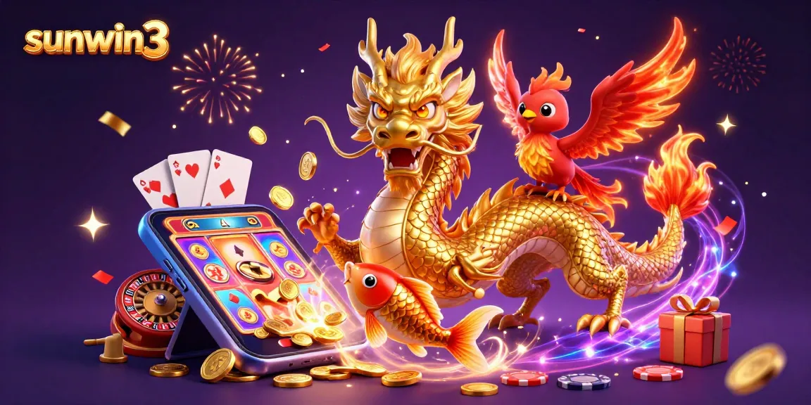 Experience the excitement of sunwin3 with a golden dragon, vibrant games, and dazzling coins.