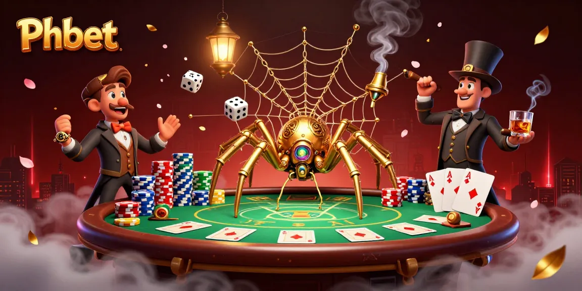 Experience thrilling Phbet gaming with a steampunk spider and Victorian fly in a dynamic casino scene.